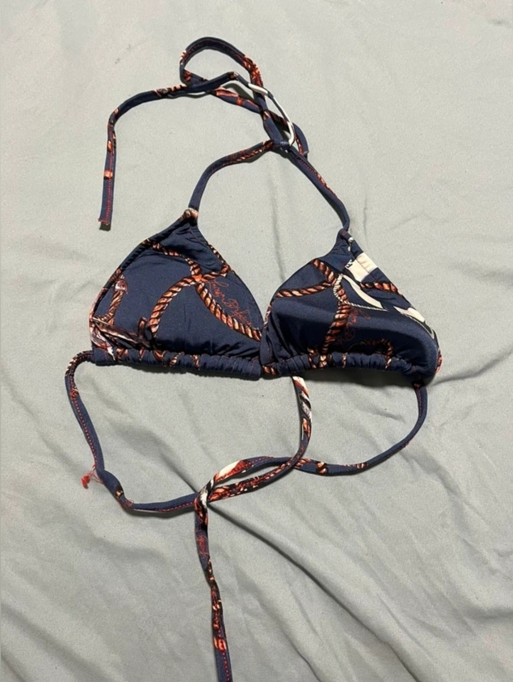 Navy Rope-Print Triangle Bikini Top